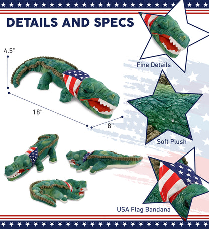 WILD COLLECTION PLUSH - 18" GREEN ALLIGATOR WITH USA FLAG BANDANA