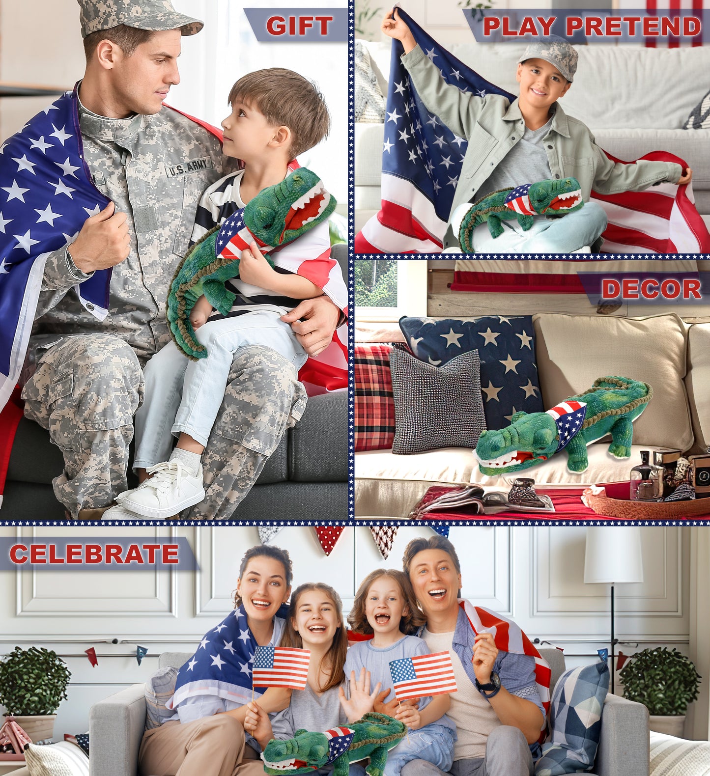 WILD COLLECTION PLUSH - 18" GREEN ALLIGATOR WITH USA FLAG BANDANA