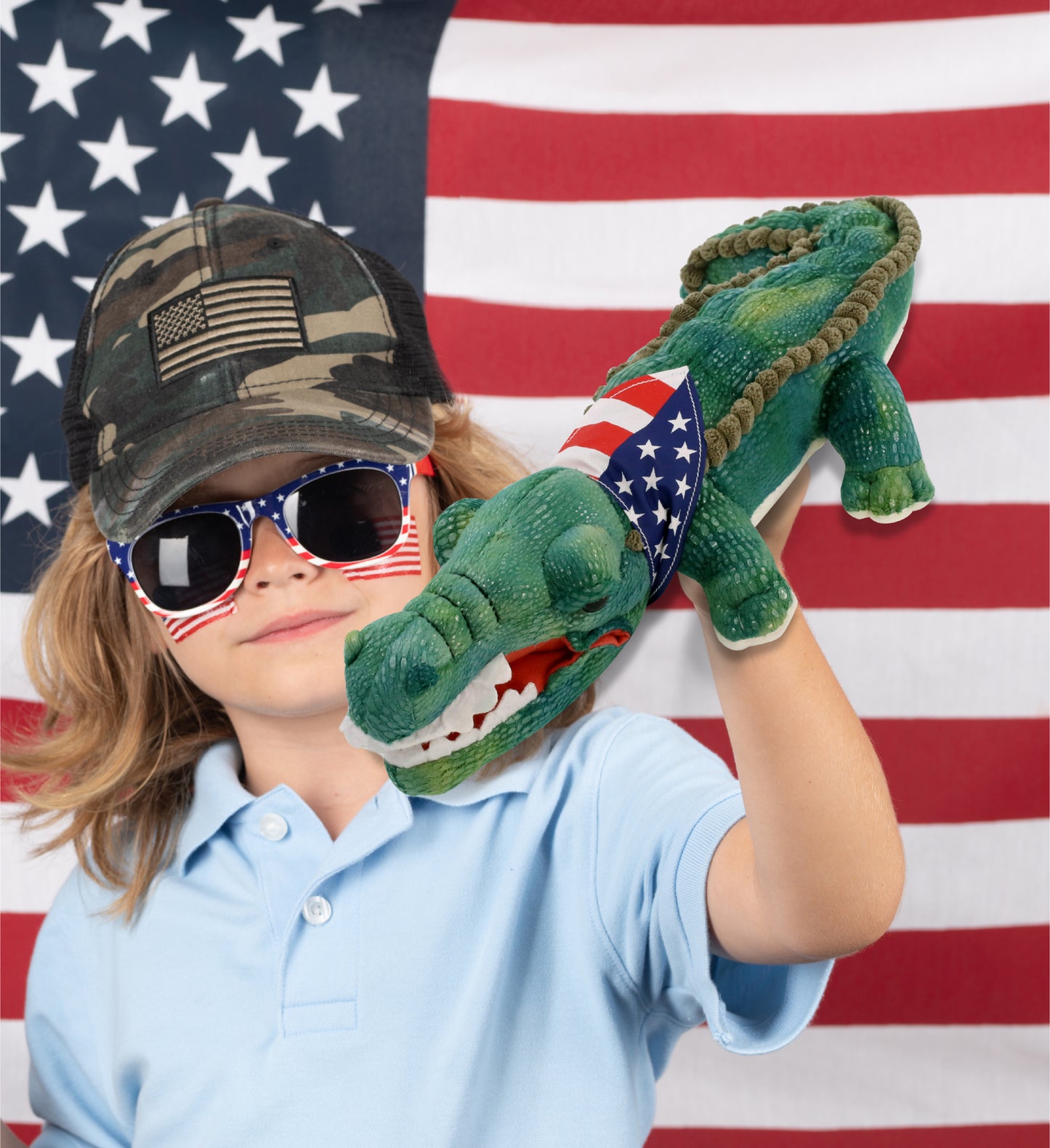 WILD COLLECTION PLUSH - 18" GREEN ALLIGATOR WITH USA FLAG BANDANA