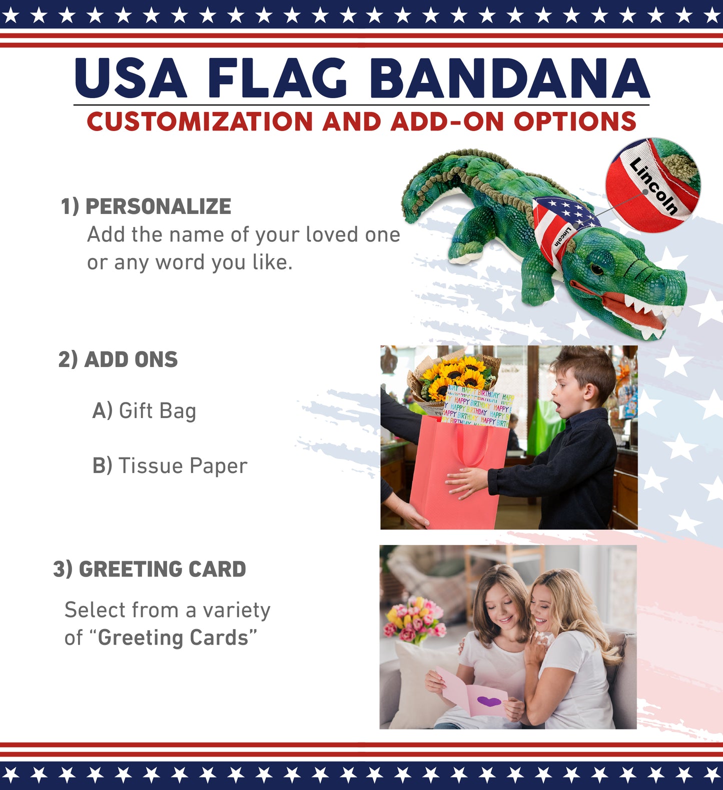 WILD COLLECTION PLUSH - 24" GREEN ALLIGATOR WITH USA FLAG BANDANA