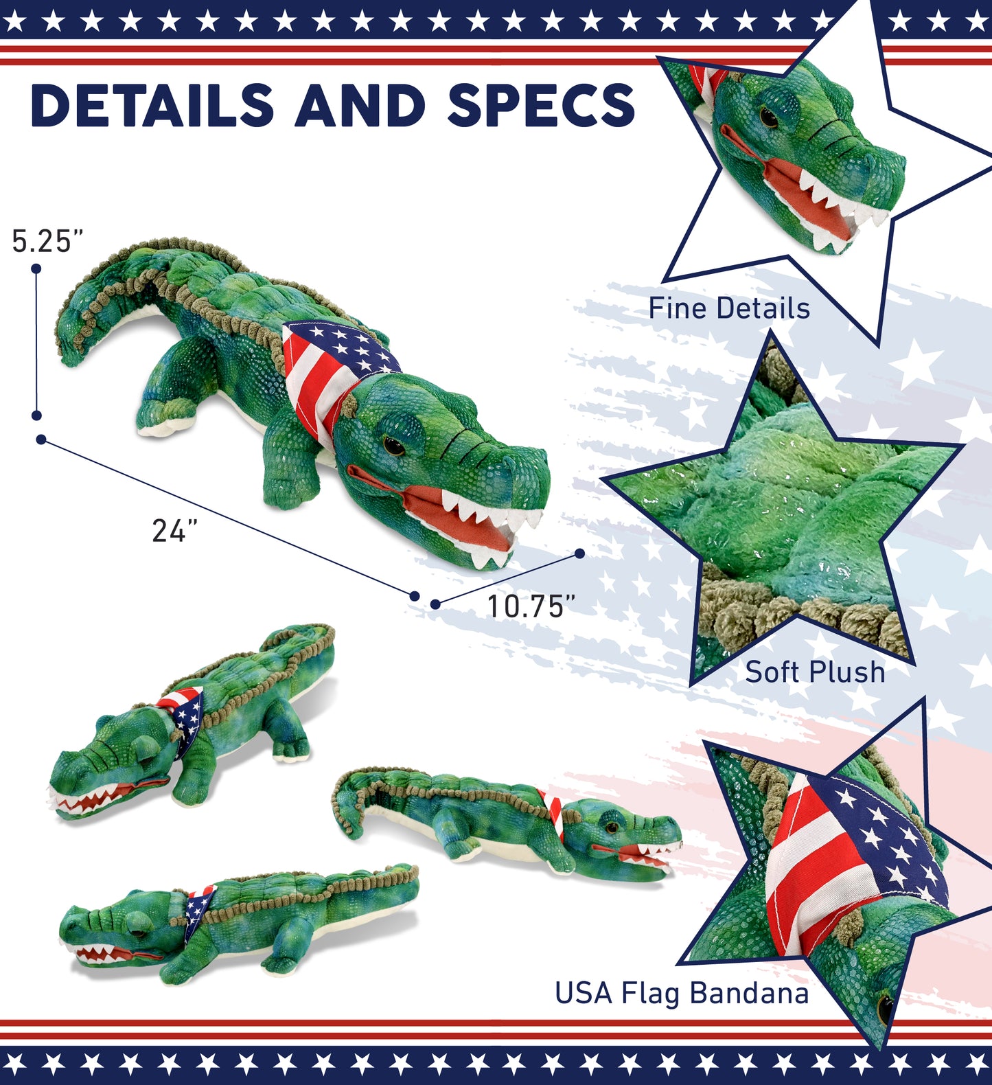 WILD COLLECTION PLUSH - 24" GREEN ALLIGATOR WITH USA FLAG BANDANA