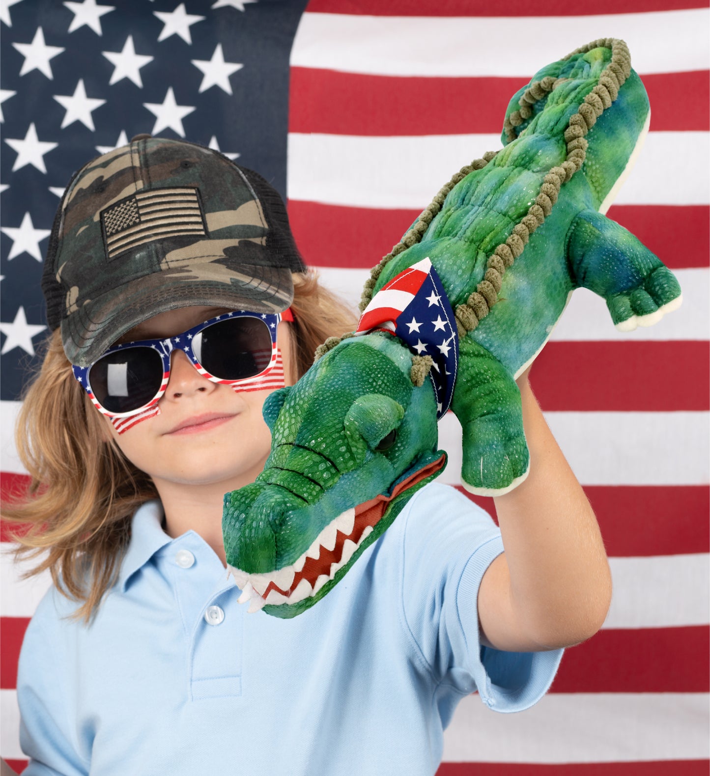 WILD COLLECTION PLUSH - 24" GREEN ALLIGATOR WITH USA FLAG BANDANA