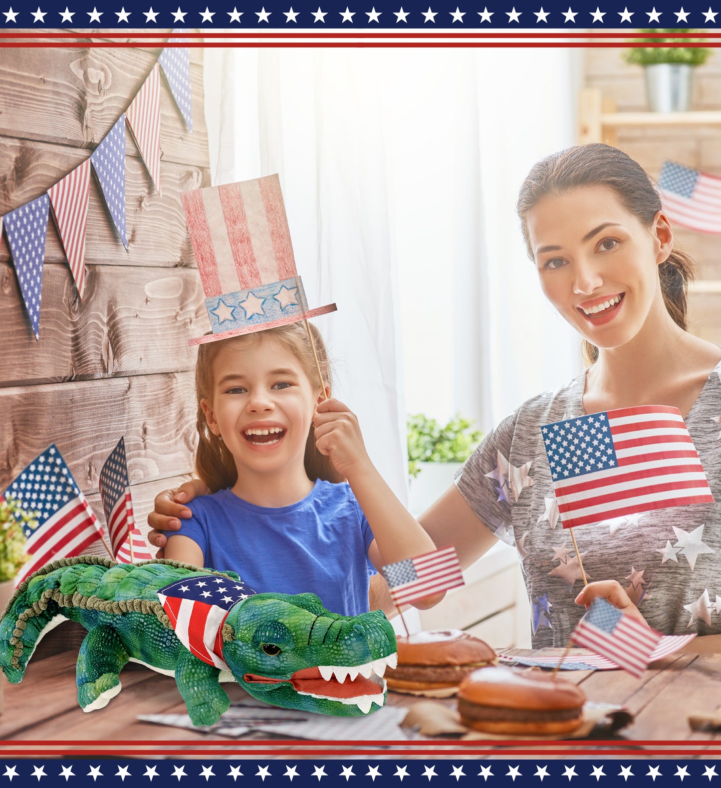 WILD COLLECTION PLUSH - 24" GREEN ALLIGATOR WITH USA FLAG BANDANA