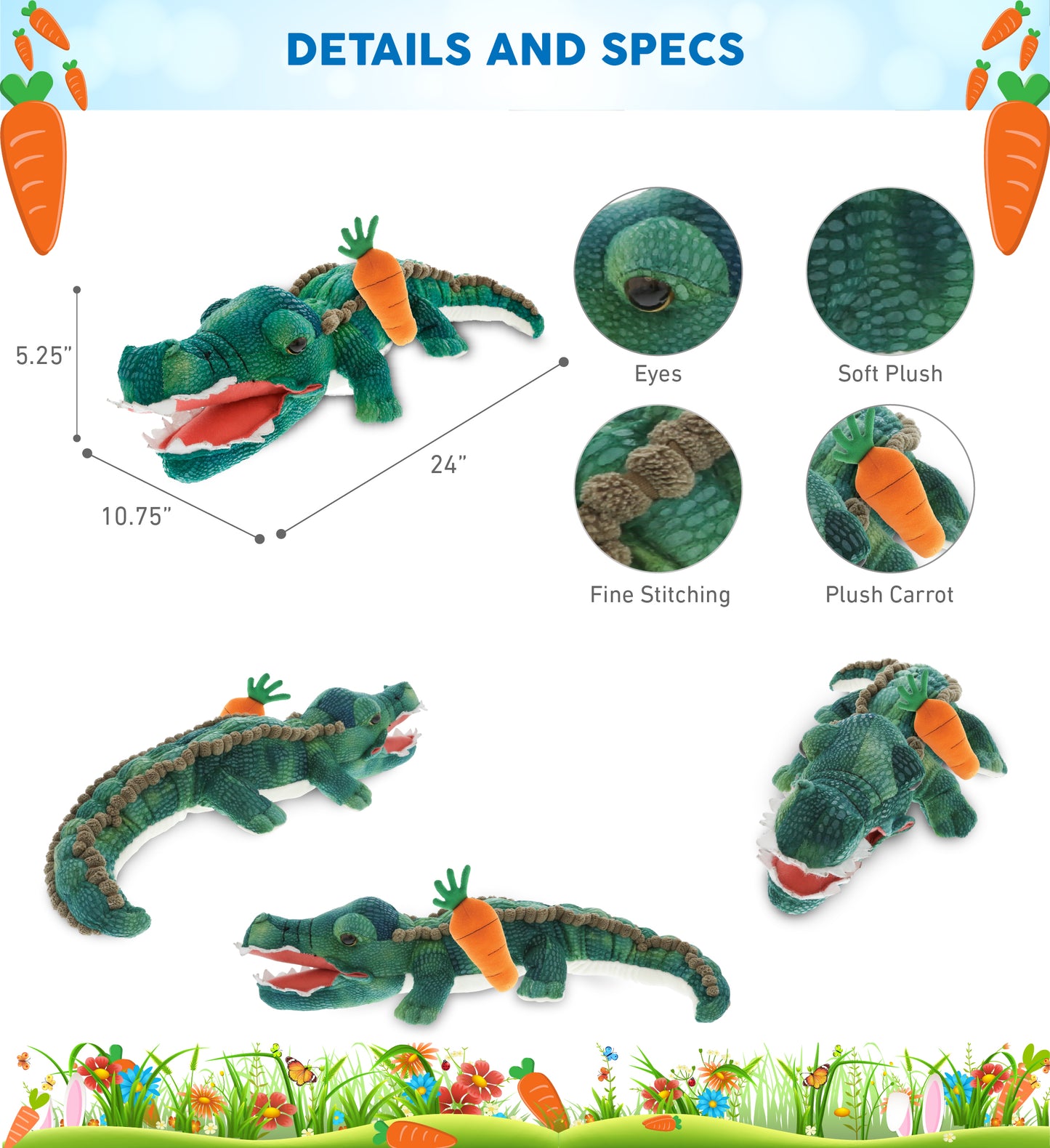 DolliBu Happy Easter Super Soft Plush Green Alligator with Carrot - 24 Inches