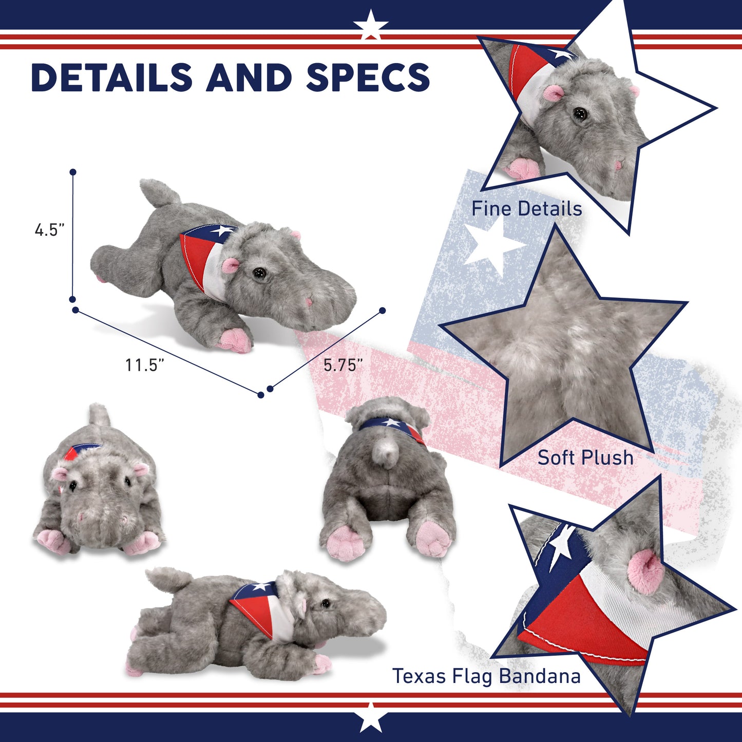 WILD COLLECTION PLUSH - 11" HIPPO WITH TEXAS FLAG BANDANA