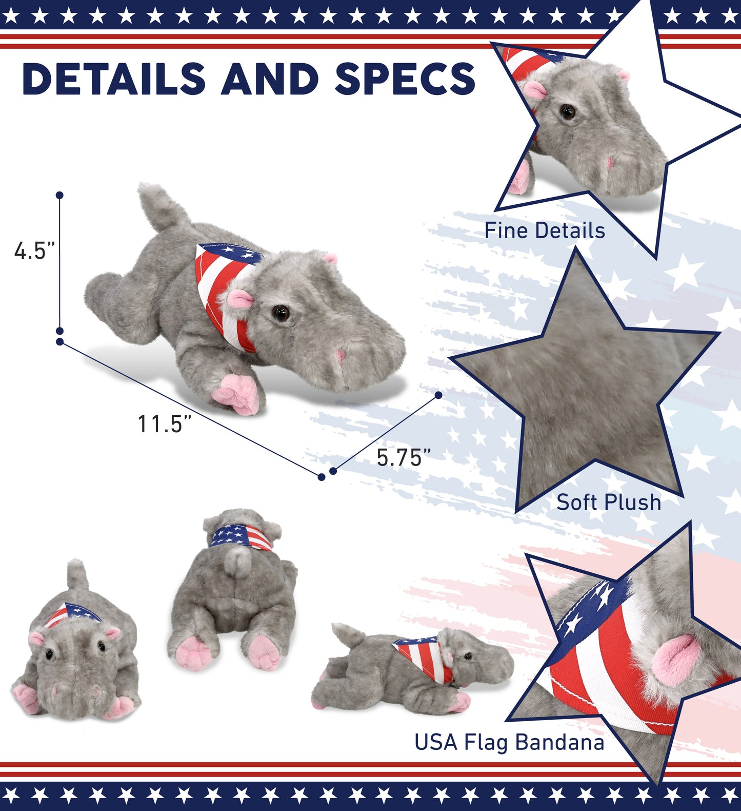 WILD COLLECTION PLUSH - 11" HIPPO WITH USA FLAG BANDANA