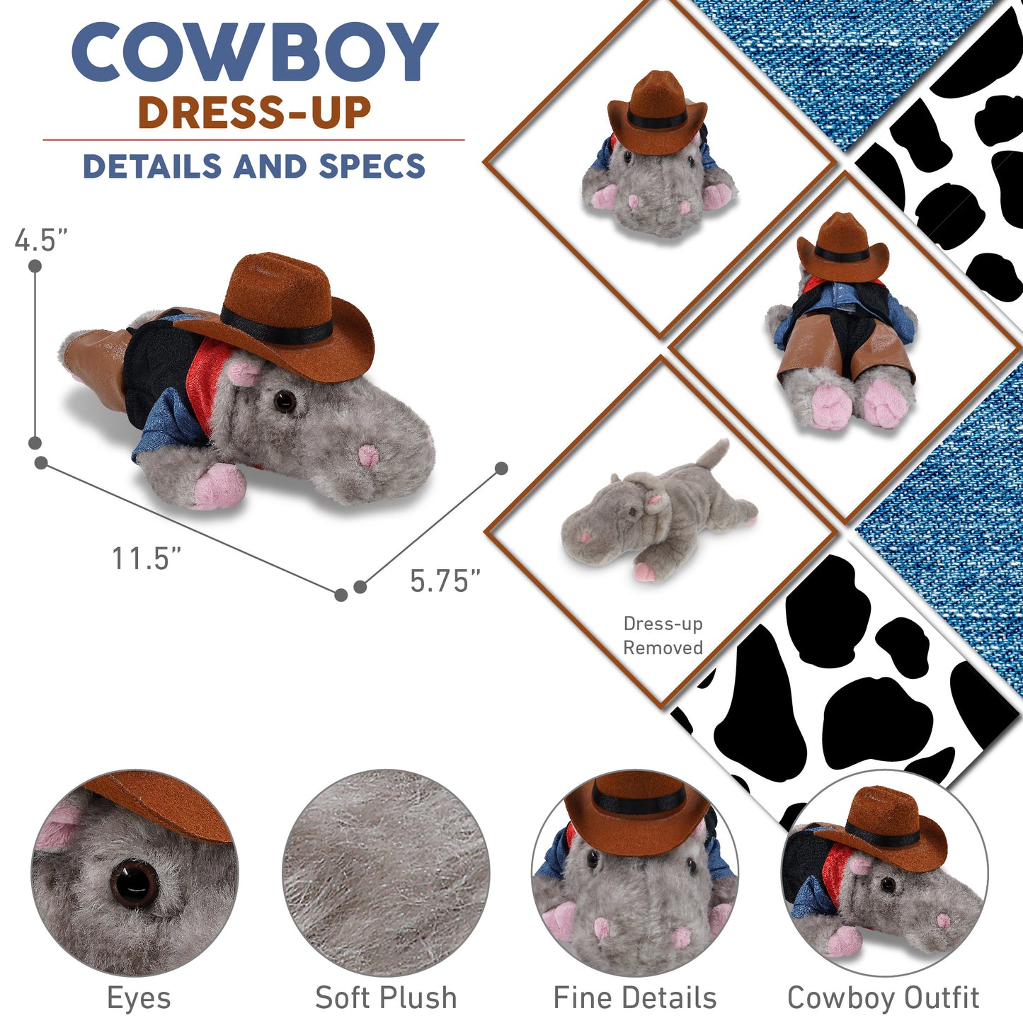 WILD COLLECTION PLUSH - 11" HIPPO COWBOY DRESS UP