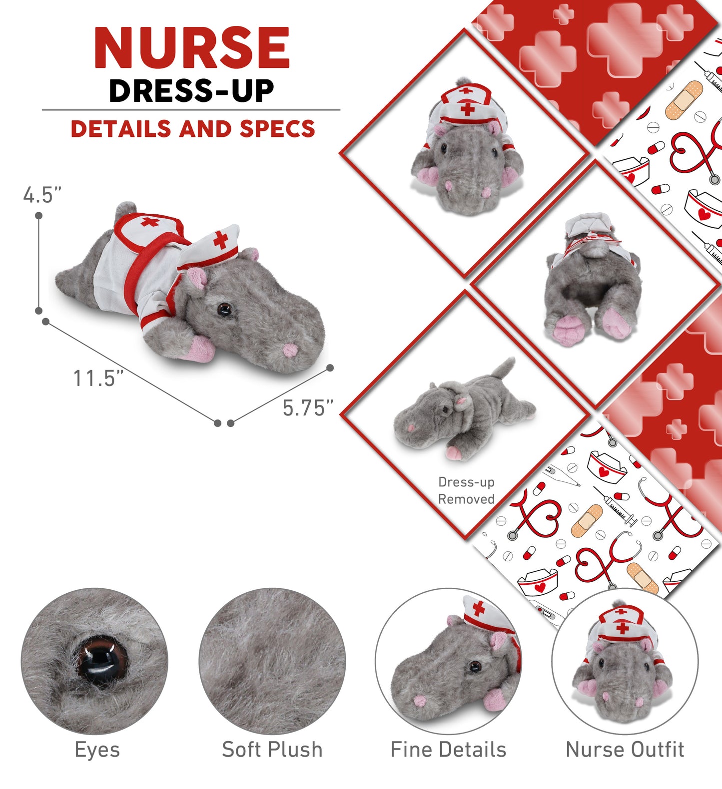 WILD COLLECTION PLUSH - 11" HIPPO NURSE DRESS UP
