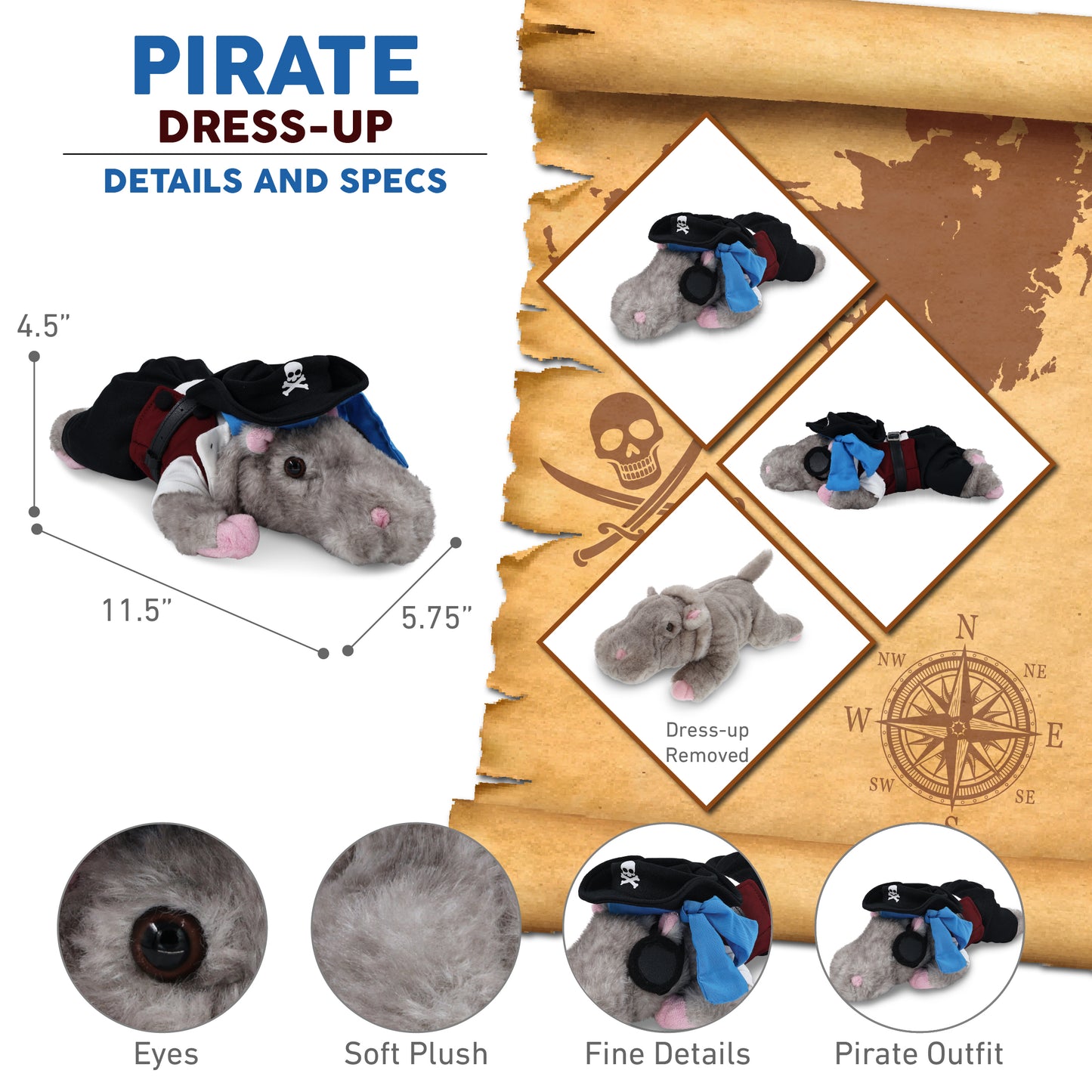 WILD COLLECTION PLUSH - 11" HIPPO WITH PIRATE DRESS UP