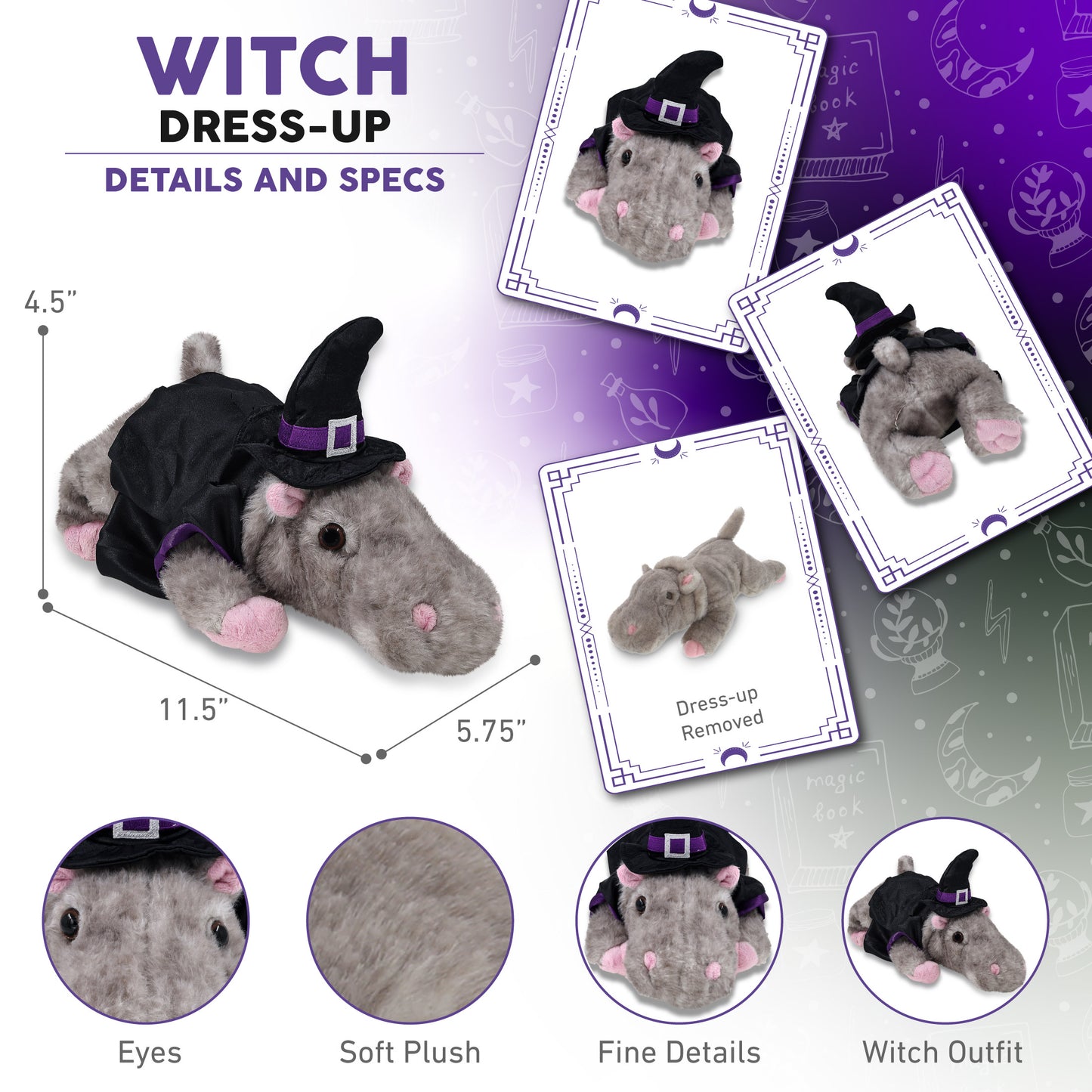 WILD COLLECTION PLUSH - 11" HIPPO WITH WITCH DRESS UP