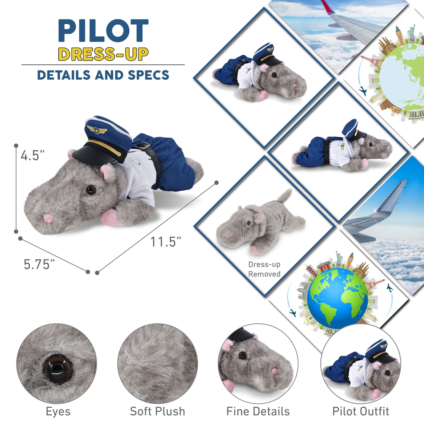 WILD COLLECTION PLUSH - 11" HIPPO WITH PILOT DRESS UP