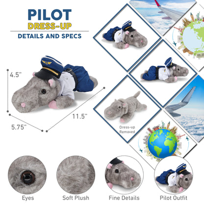 WILD COLLECTION PLUSH - 11" HIPPO WITH PILOT DRESS UP