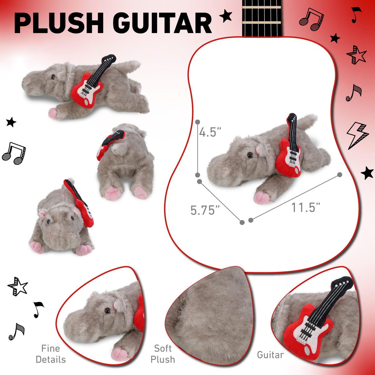 WILD COLLECTION PLUSH - 11" HIPPO WITH GUITAR ADD ON