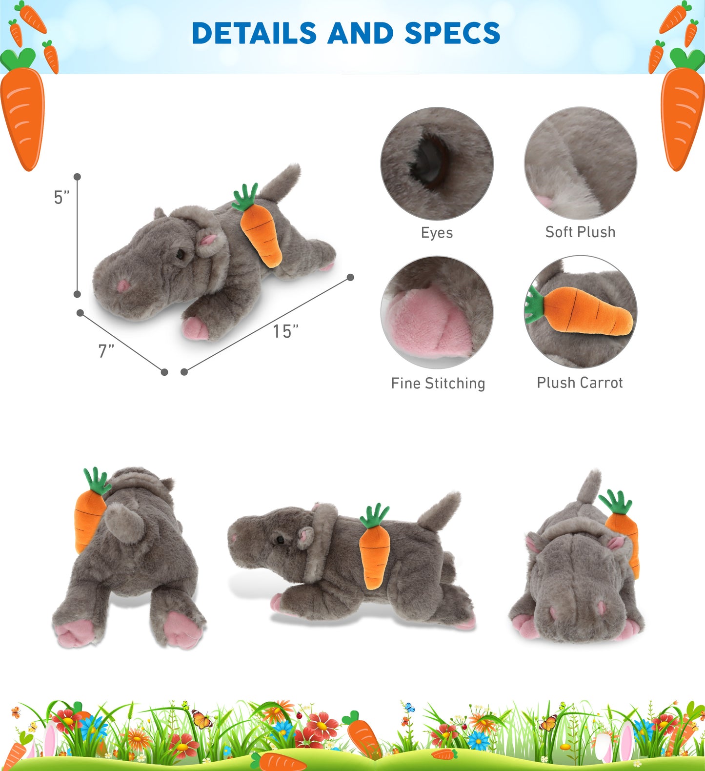 DolliBu Happy Easter Super Soft Plush Hippo with Carrot Plush Toy - 13 Inches