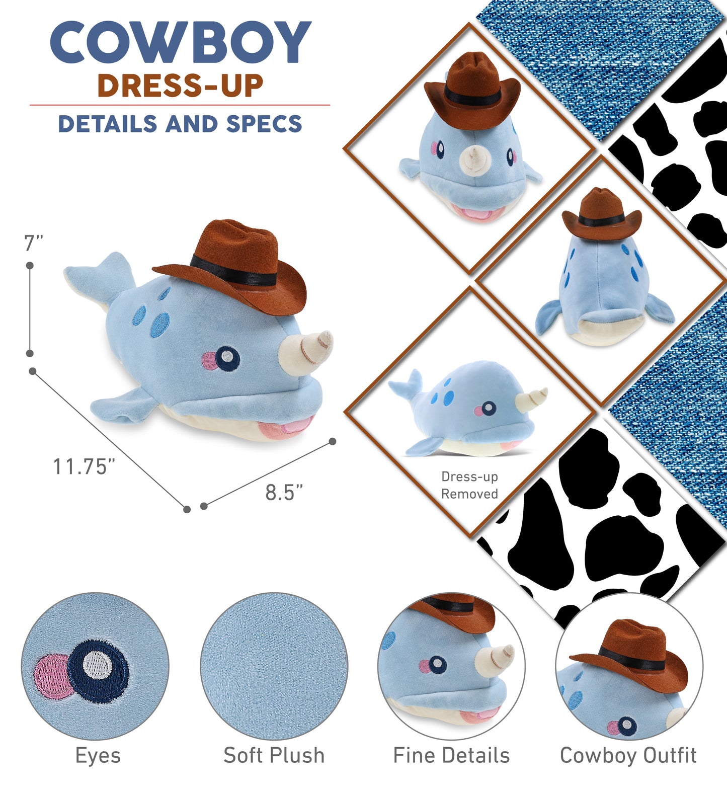 BABY SOFT PLUSH - BLUE NARWHAL COWBOY DRESS UP