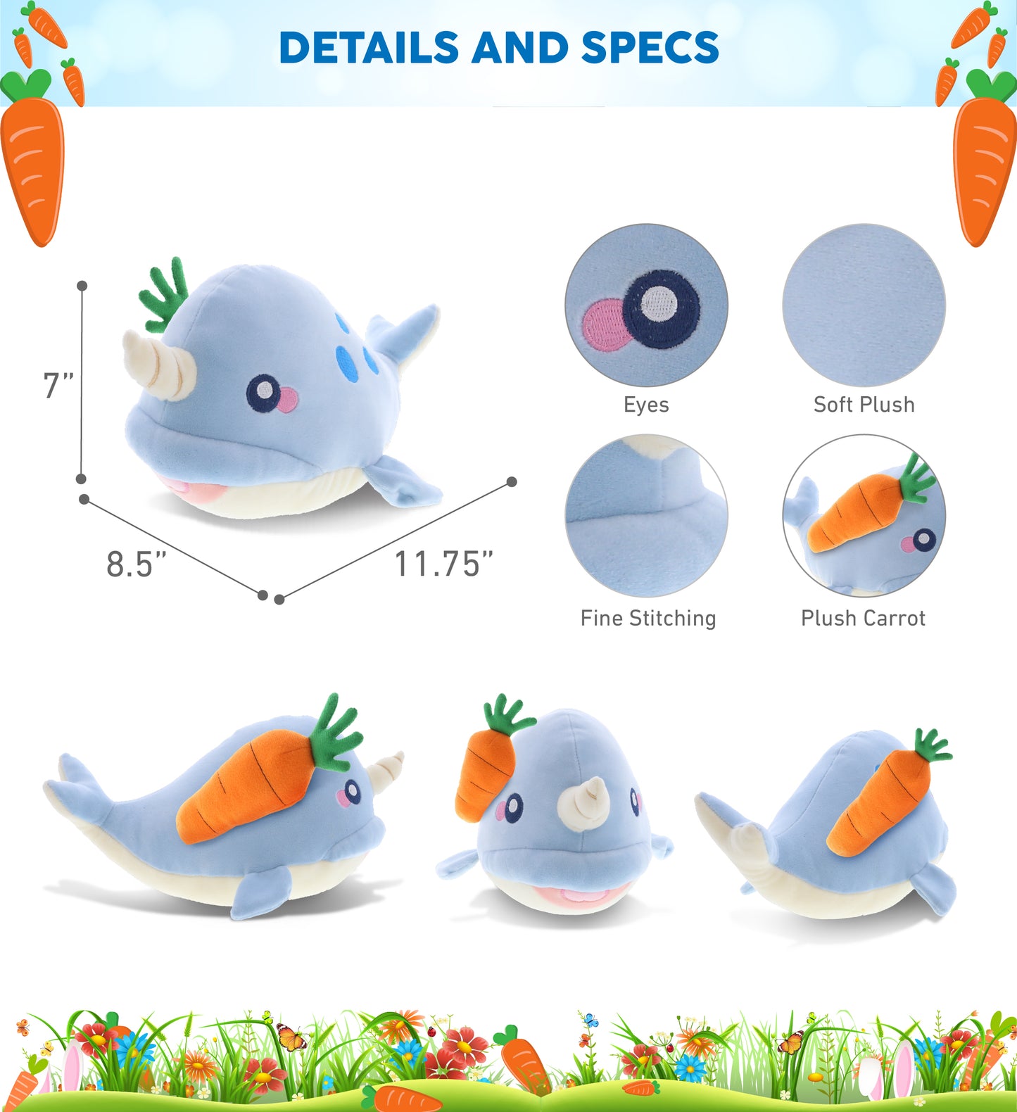 DolliBu Happy Easter Baby Soft Plush Blue Narwhal with Carrot Plush - 7 Inches