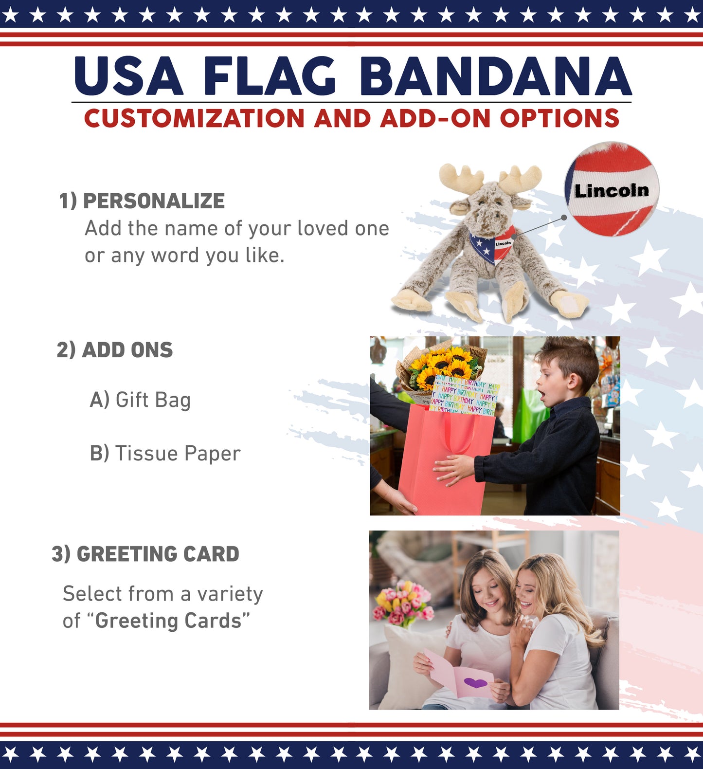 SUPER SOFT PLUSH - LONG ARMS - MOOSE WITH USA FLAG BANDANA