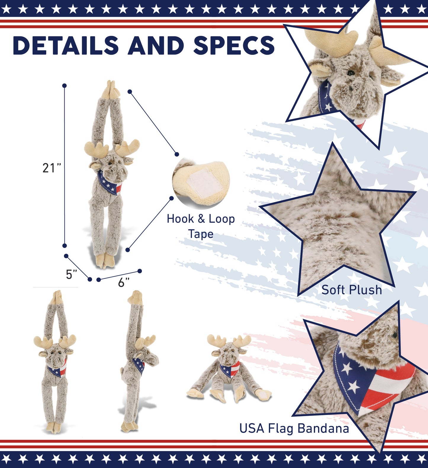 SUPER SOFT PLUSH - LONG ARMS - MOOSE WITH USA FLAG BANDANA
