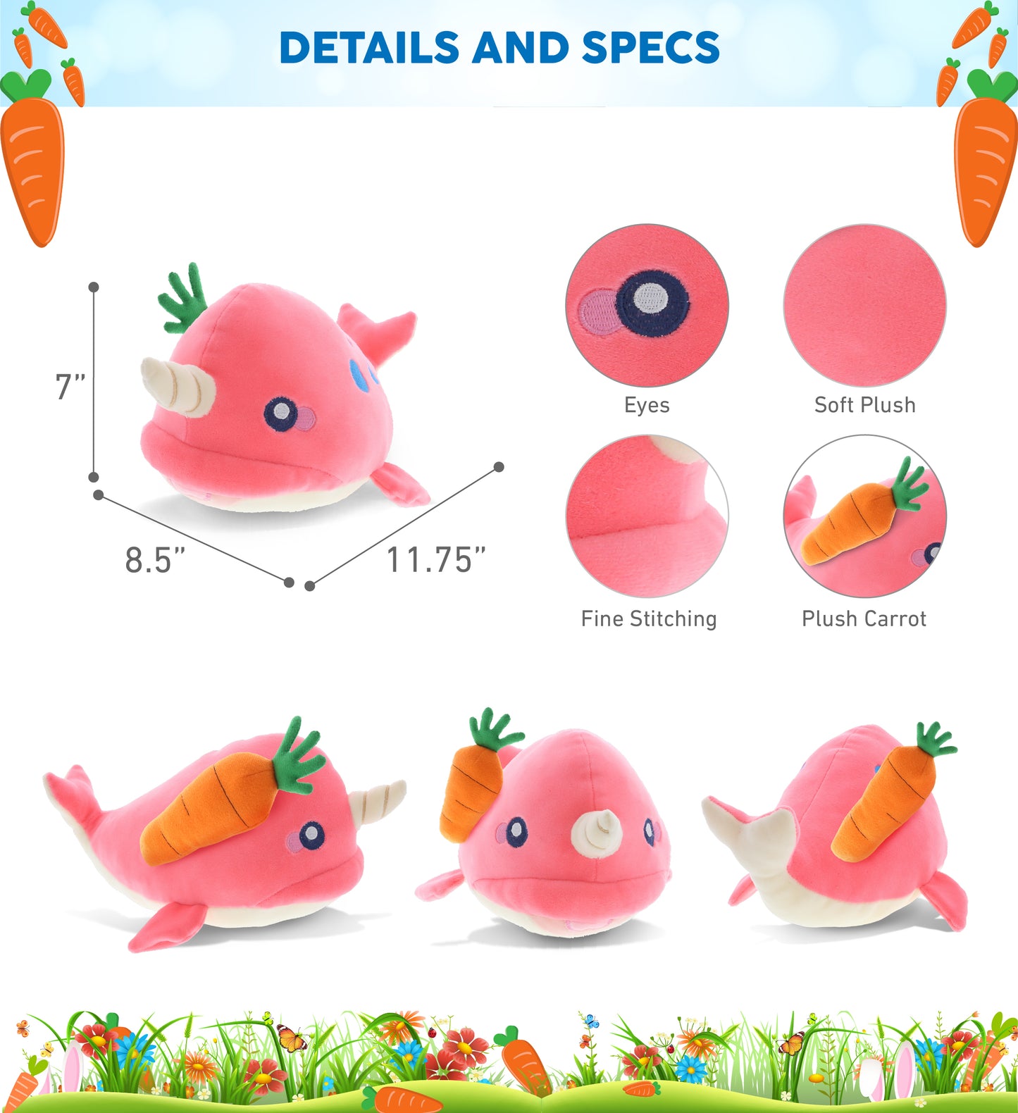 DolliBu Happy Easter Baby Soft Plush Pink Narwhal with Carrot Plush - 7 Inches
