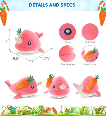DolliBu Happy Easter Baby Soft Plush Pink Narwhal with Carrot Plush - 7 Inches