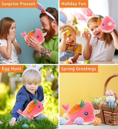 DolliBu Happy Easter Baby Soft Plush Pink Narwhal with Carrot Plush - 7 Inches