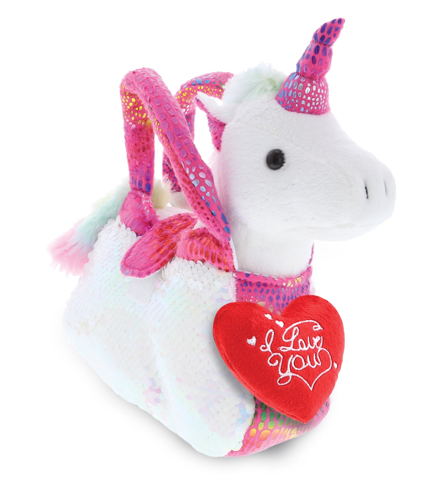 PLUSH I LOVE YOU RED HEART - PLUSH PURSE PET CARRIER - SEQUIN - PINK UNICORN