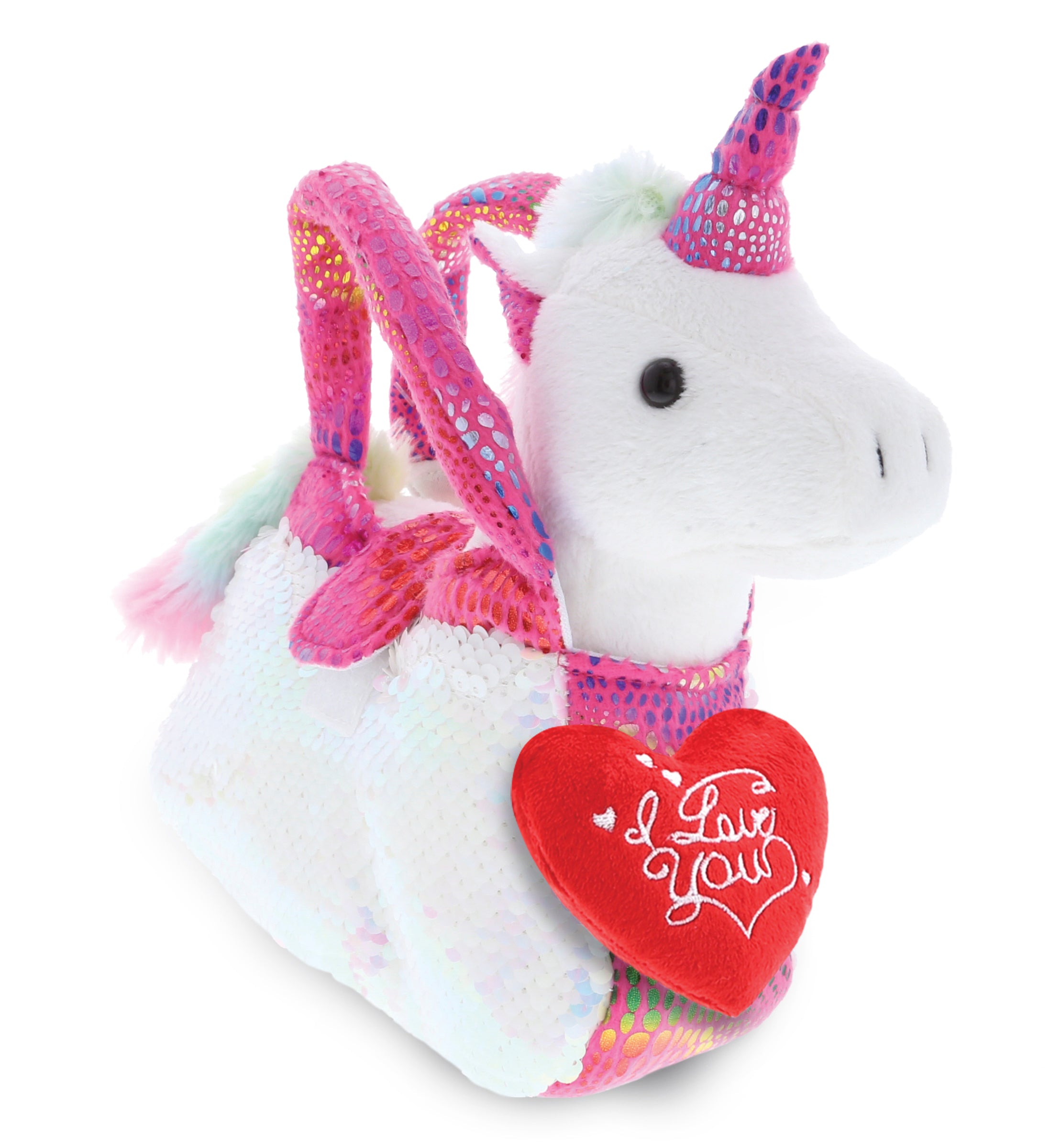 PLUSH I LOVE YOU RED HEART - PLUSH PURSE PET CARRIER - SEQUIN - PINK UNICORN