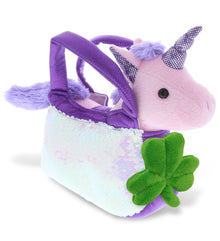 PLUSH SHAMROCK - PLUSH PURSE PET CARRIER - SEQUIN -  PURPLE UNICORN