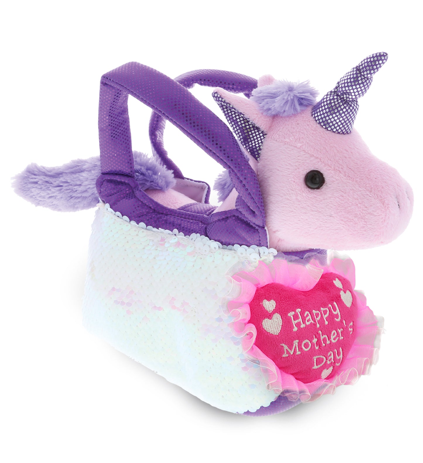 PLUSH MOTHERS DAY HEART - PLUSH PURSE PET CARRIER - SEQUIN -  PURPLE UNICORN