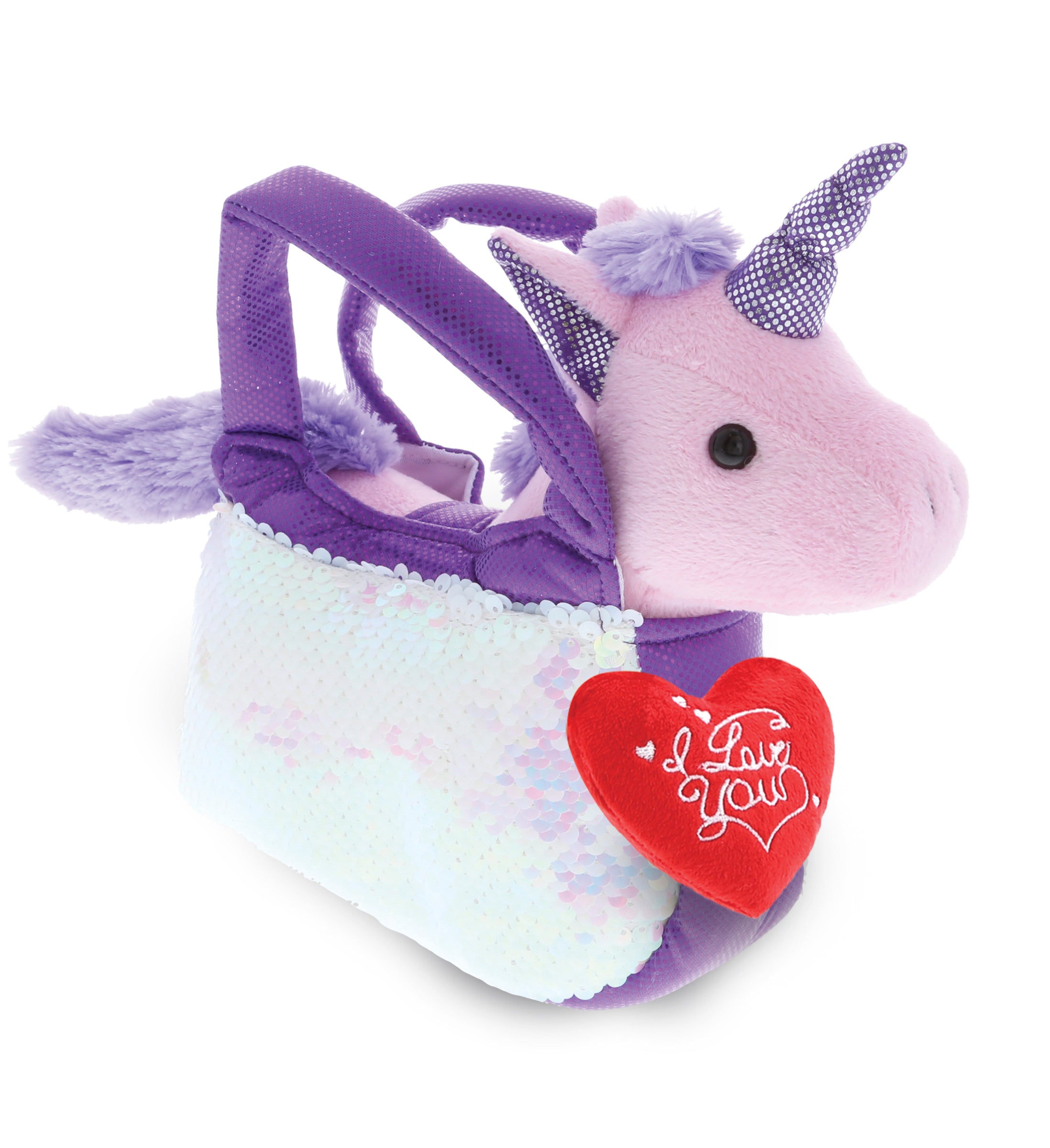 PLUSH I LOVE YOU RED HEART - PLUSH PURSE PET CARRIER - SEQUIN -  PURPLE UNICORN