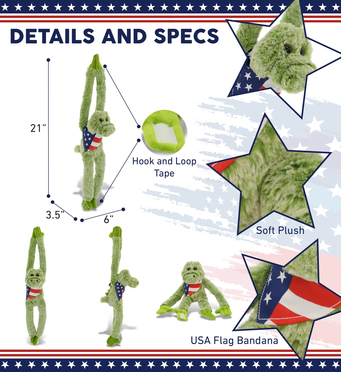 SUPER SOFT PLUSH - LONG ARMS - ALLIGATOR WITH USA FLAG BANDANA