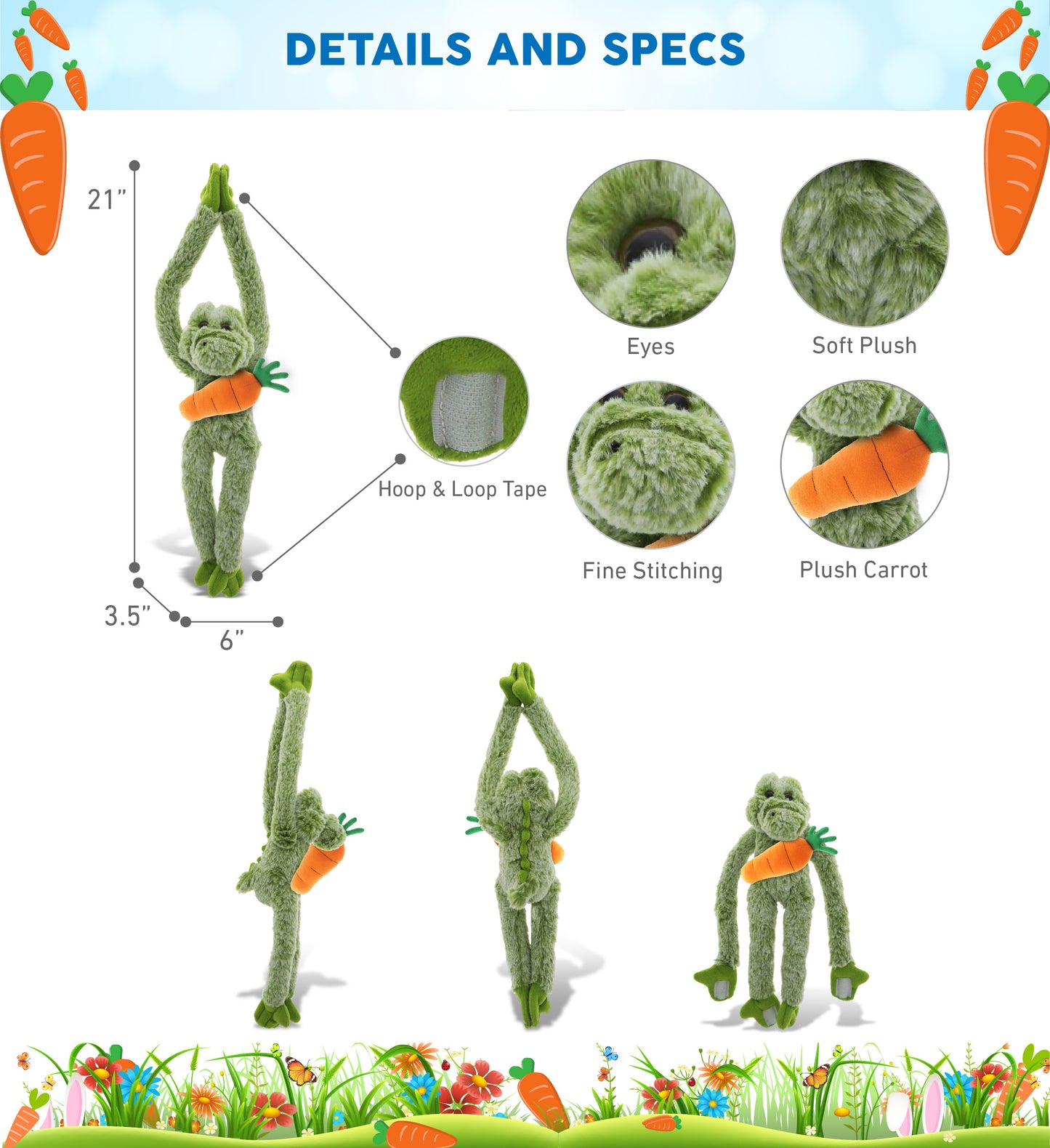DolliBu Happy Easter Super Soft Plush Long Arms Alligator with Carrot - 15 Inch