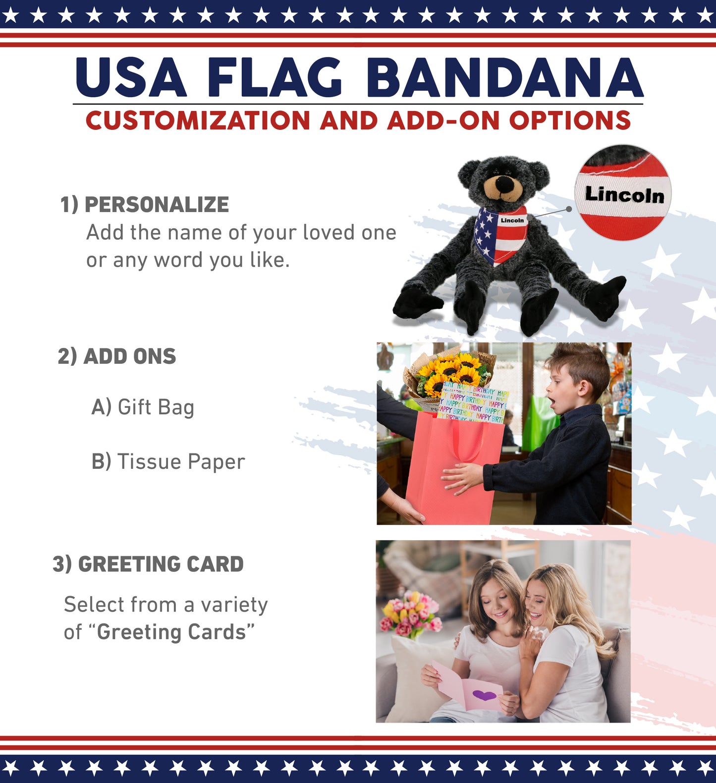 SUPER SOFT PLUSH - LONG ARMS - BLACK BEAR WITH USA FLAG BANDANA