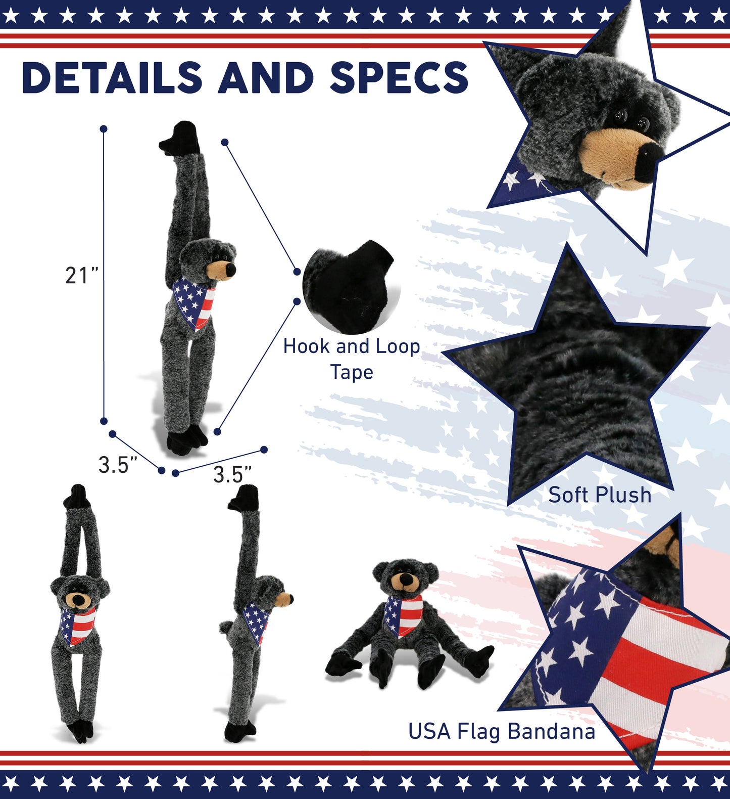 SUPER SOFT PLUSH - LONG ARMS - BLACK BEAR WITH USA FLAG BANDANA