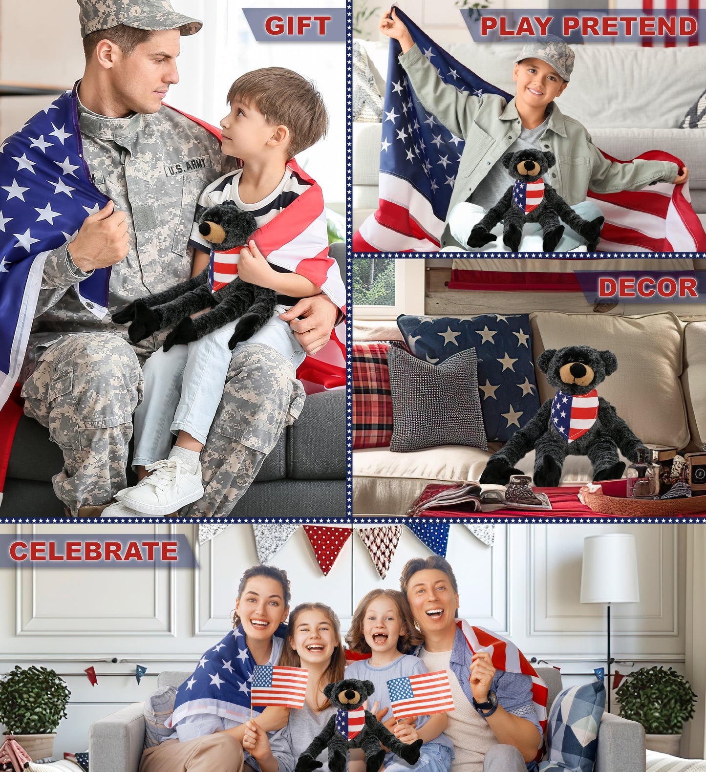 SUPER SOFT PLUSH - LONG ARMS - BLACK BEAR WITH USA FLAG BANDANA