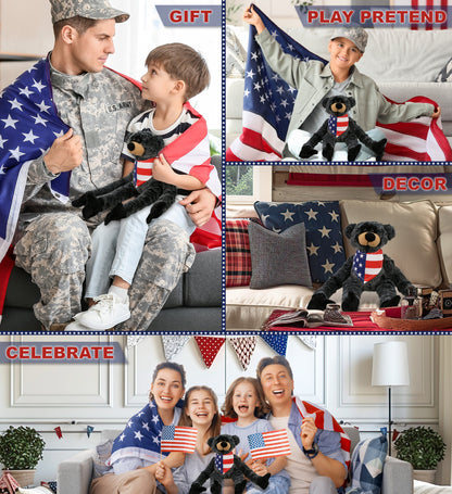 SUPER SOFT PLUSH - LONG ARMS - BLACK BEAR WITH USA FLAG BANDANA