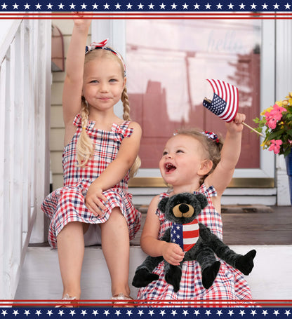 SUPER SOFT PLUSH - LONG ARMS - BLACK BEAR WITH USA FLAG BANDANA