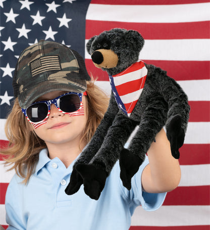 SUPER SOFT PLUSH - LONG ARMS - BLACK BEAR WITH USA FLAG BANDANA