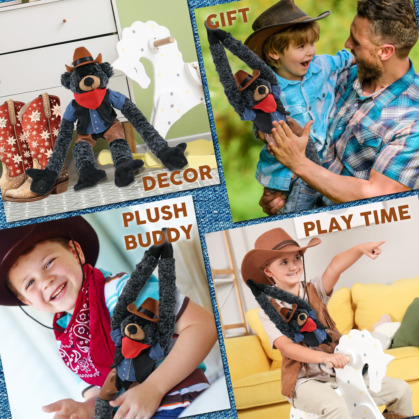 SUPER SOFT PLUSH - LONG ARMS - BLACK BEAR COWBOY DRESS UP