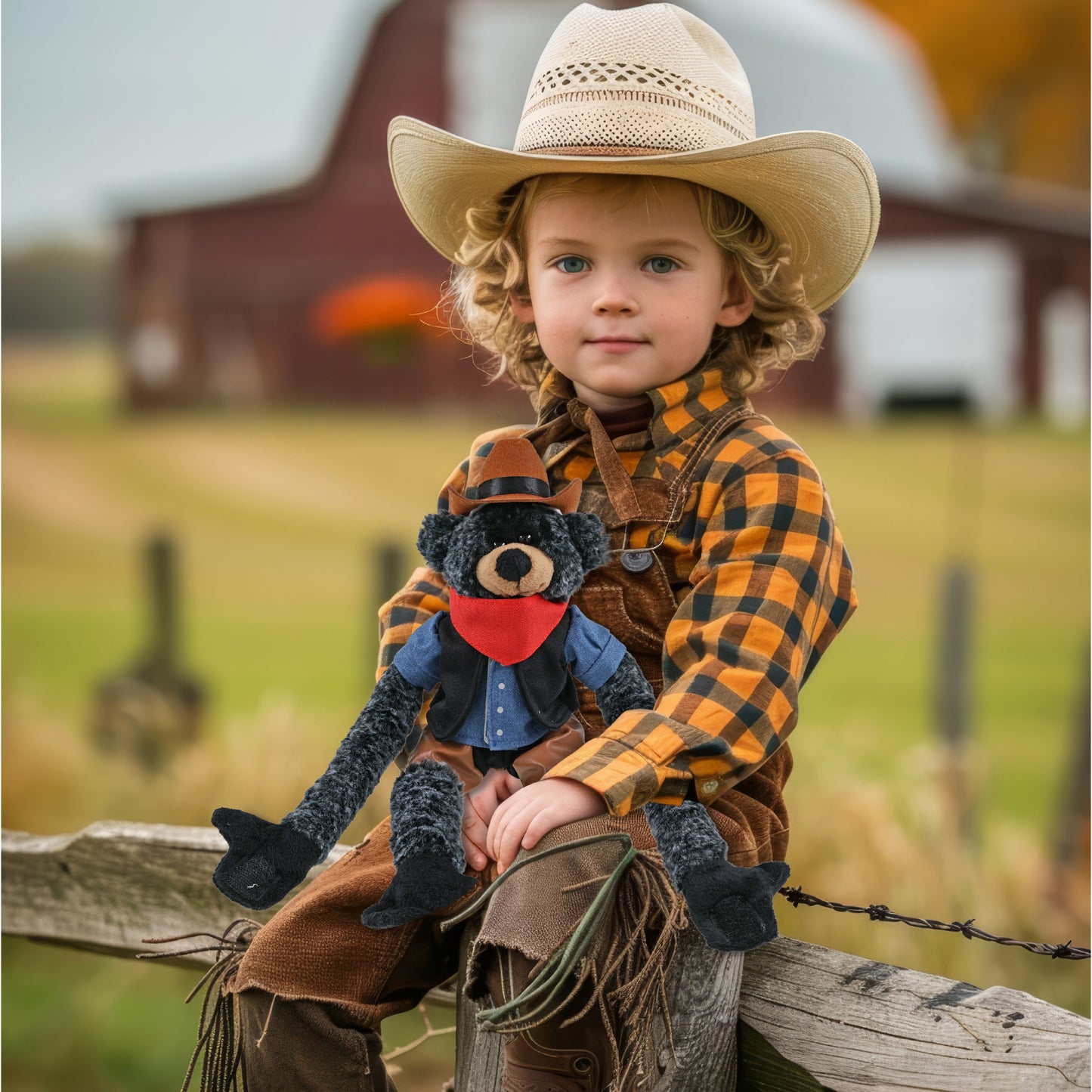 SUPER SOFT PLUSH - LONG ARMS - BLACK BEAR COWBOY DRESS UP