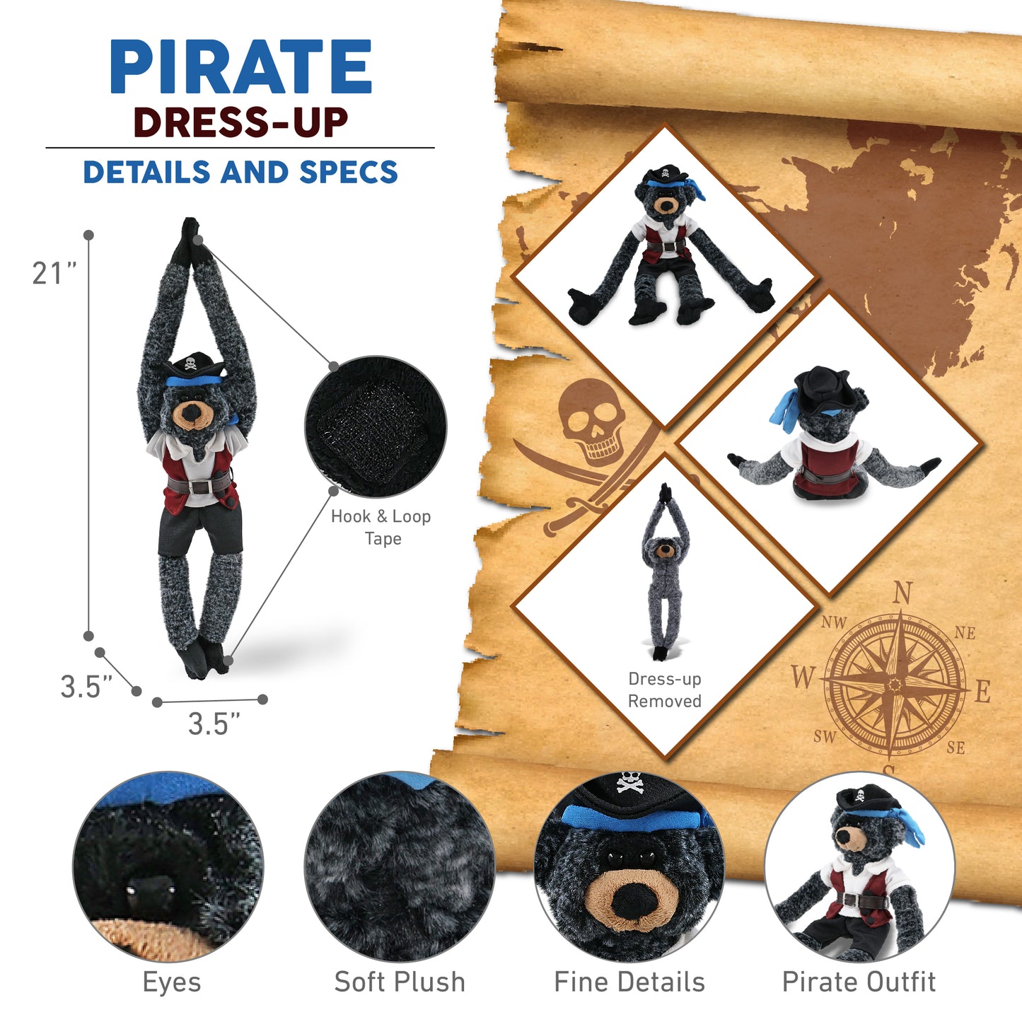 SUPER SOFT PLUSH - LONG ARMS - BLACK BEAR PIRATE DRESS UP