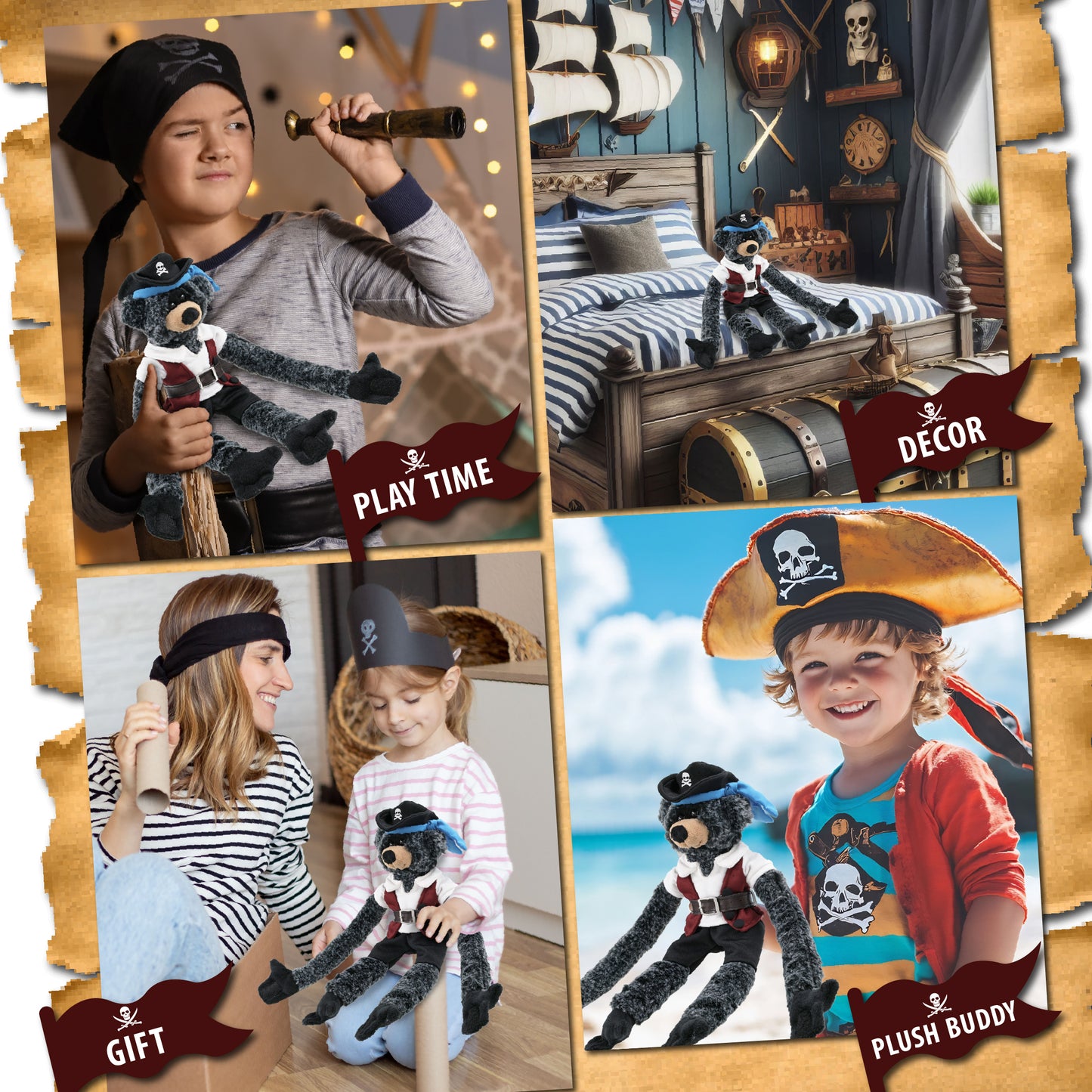 SUPER SOFT PLUSH - LONG ARMS - BLACK BEAR PIRATE DRESS UP