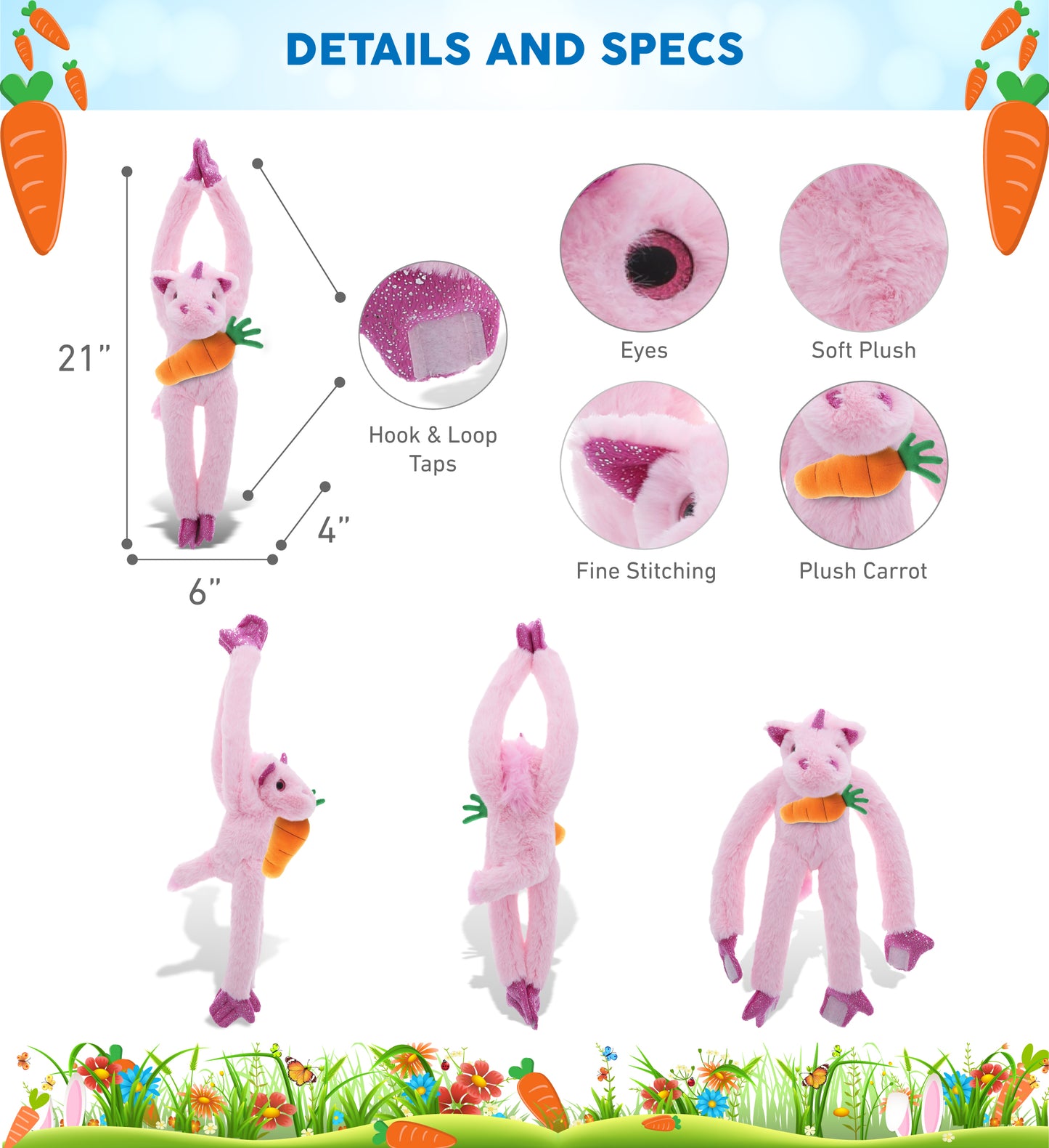 DolliBu Happy Easter Super Soft Plush Long Arms Unicorn with Carrot - 21 Inches