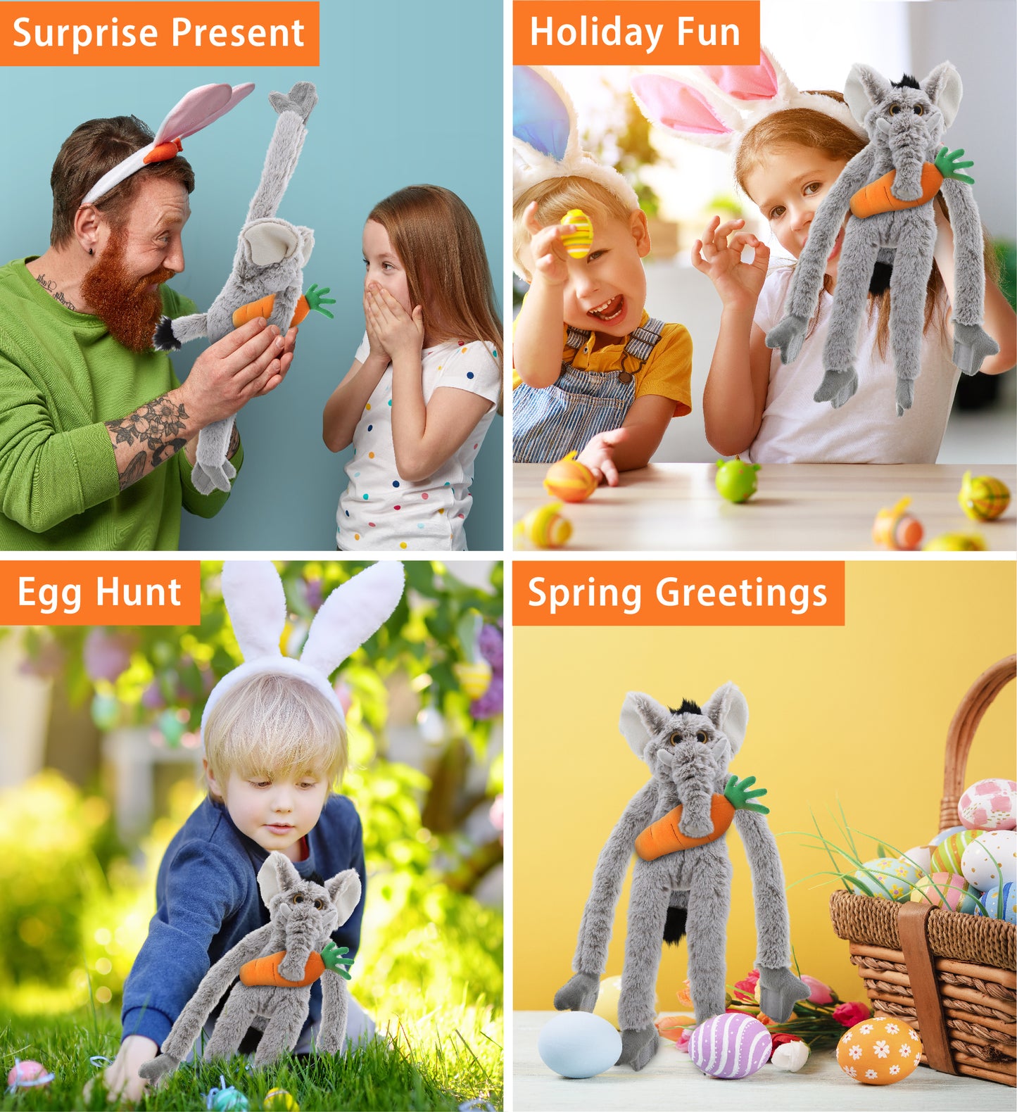 DolliBu Happy Easter Super Soft Plush Long Arms Elephant with Carrot - 21 Inch
