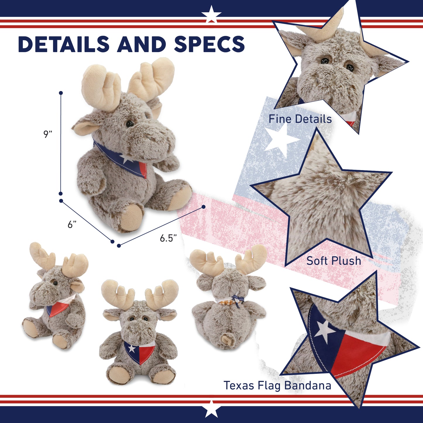 SUPER-SOFT PLUSH - SITTING MOOSE WITH TEXAS FLAG BANDANA