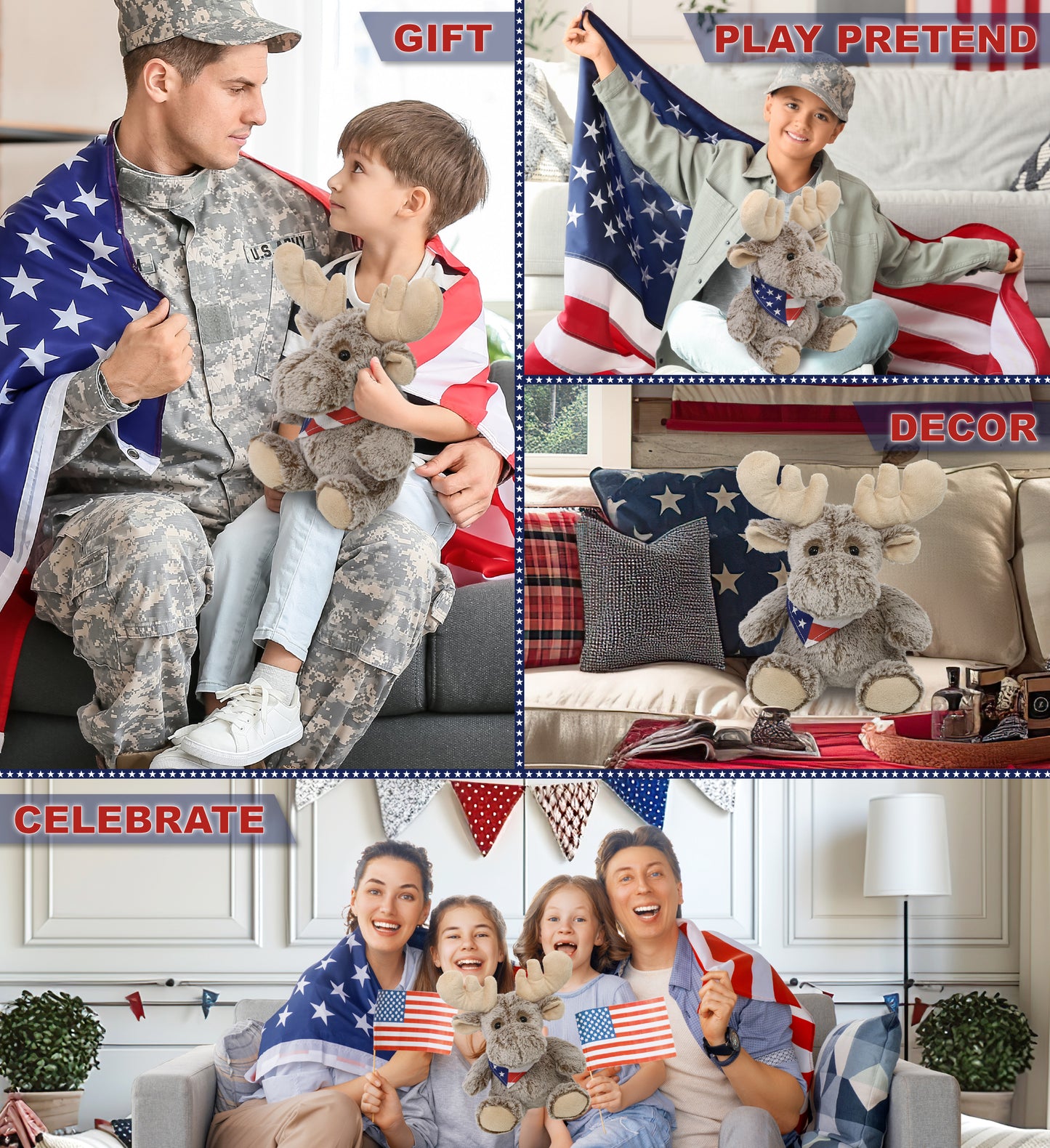 SUPER-SOFT PLUSH - SITTING MOOSE WITH USA FLAG BANDANA