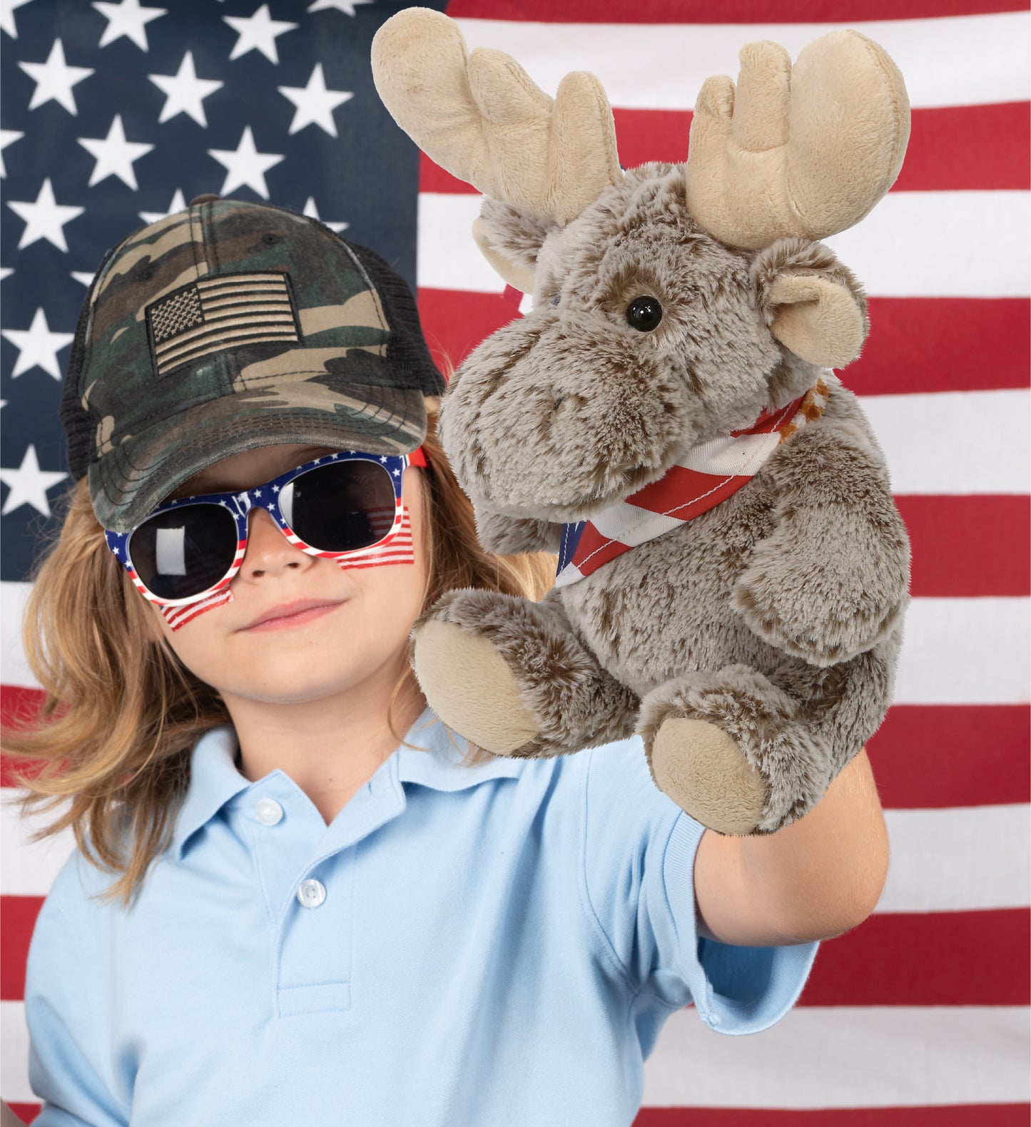 SUPER-SOFT PLUSH - SITTING MOOSE WITH USA FLAG BANDANA