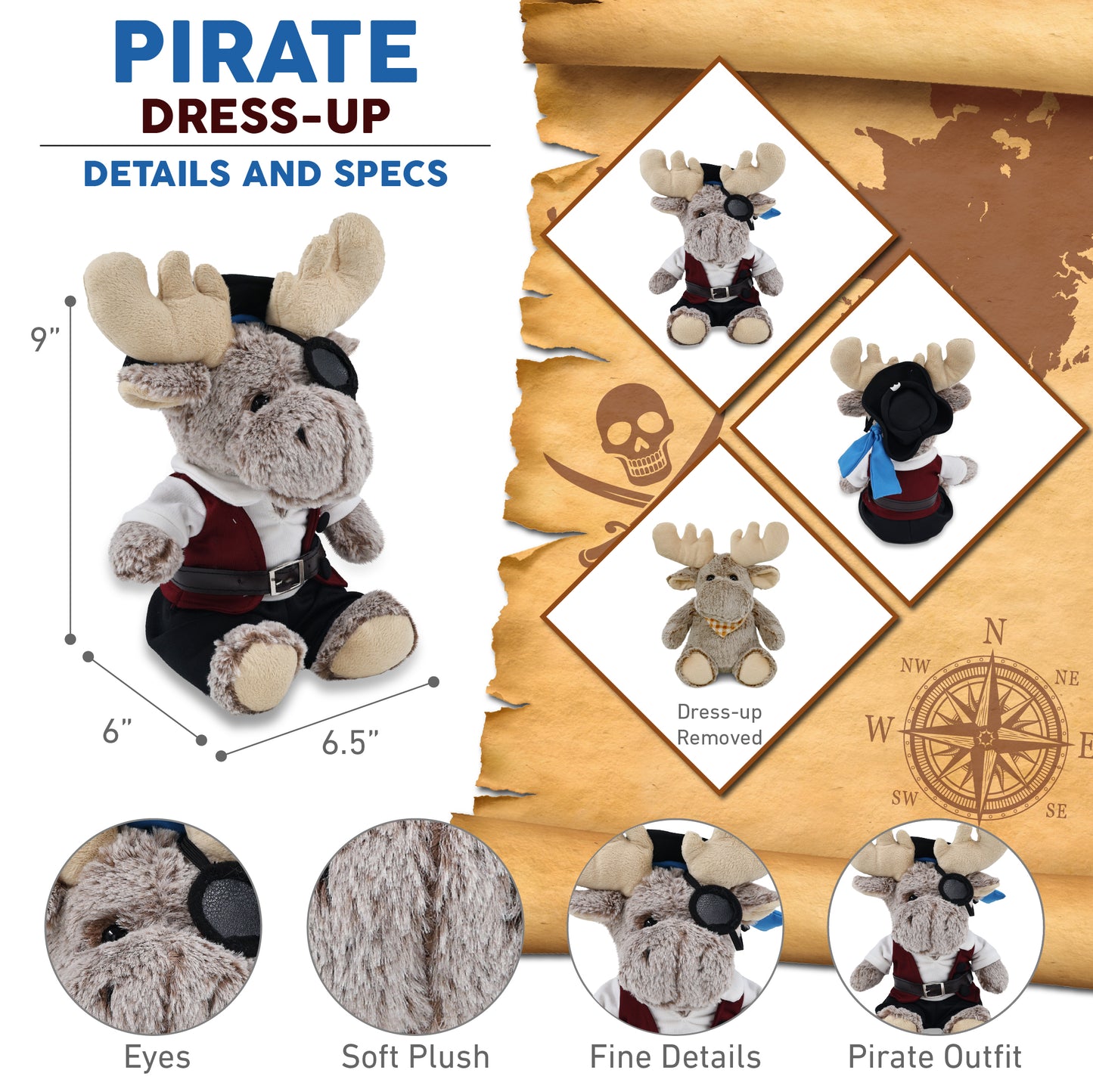 SUPER-SOFT PLUSH - SITTING MOOSE WITH PIRATE DRESS UP