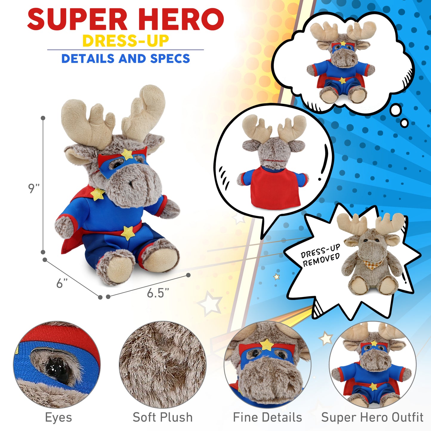 SUPER-SOFT PLUSH - SITTING MOOSE WITH SUPER HERO DRESS UP