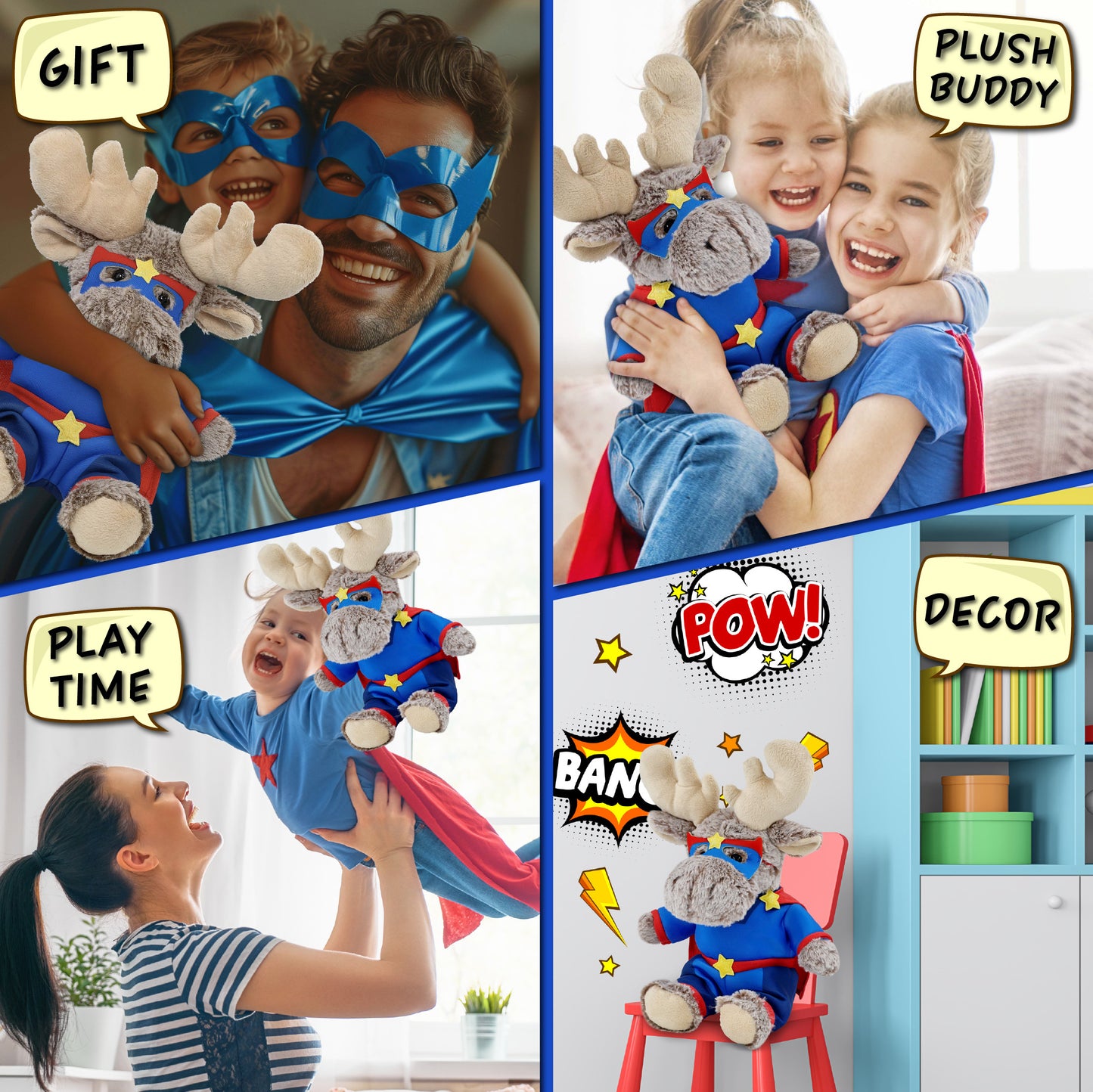 SUPER-SOFT PLUSH - SITTING MOOSE WITH SUPER HERO DRESS UP